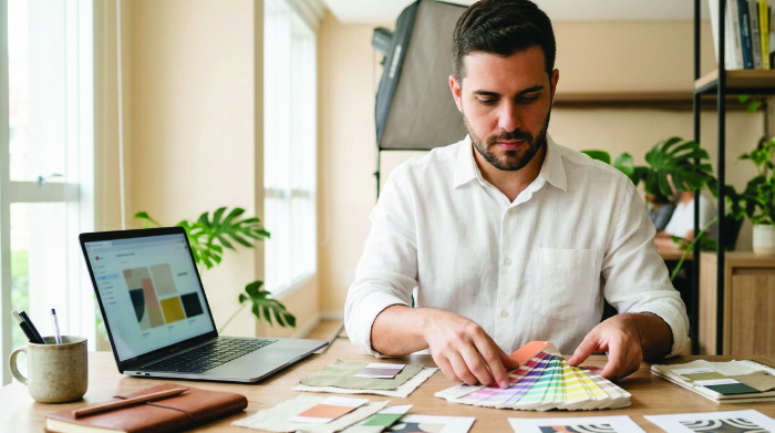 Identidade visual sendo organizada por designer com paleta de cores e materiais de marca sobre a mesa