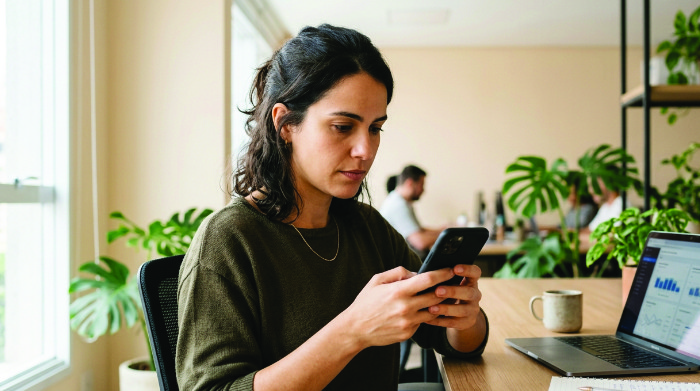 Profissional analisando métricas de redes sociais no celular com expressão de concentração, além de curtidas e alcance