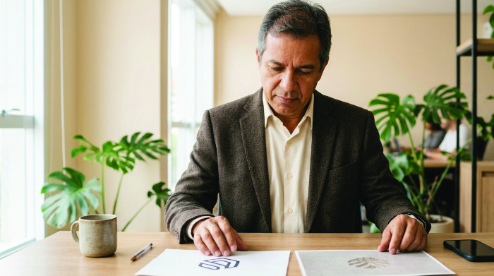 Rebranding em avaliação — dono de negócio comparando duas versões de identidade visual sobre a mesa com expressão analítica
