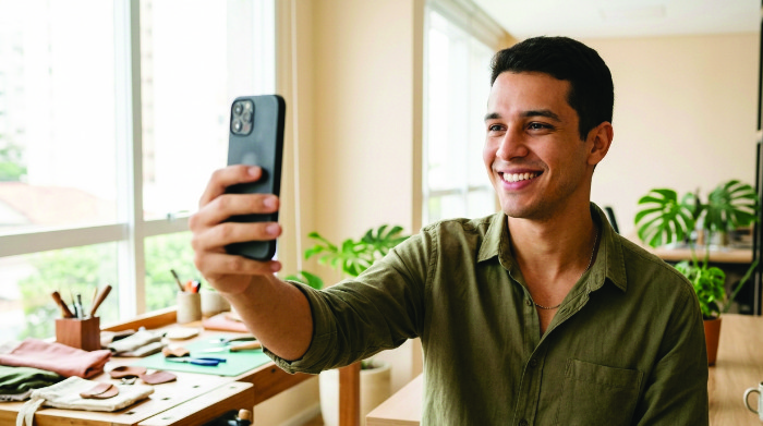 Dono de negócio gravando vídeo curto com o próprio celular de forma espontânea no ambiente de trabalho