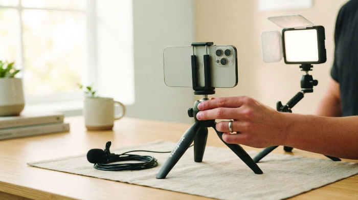 Equipamento para gravar vídeo com celular — kit simples com tripé, microfone de lapela e luz LED portátil sobre a mesa